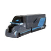 A die-cast toy hauler truck in gray and blue colors.