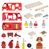 A set of wooden pretend play tools including a wrench, screwdriver, and various building pieces.