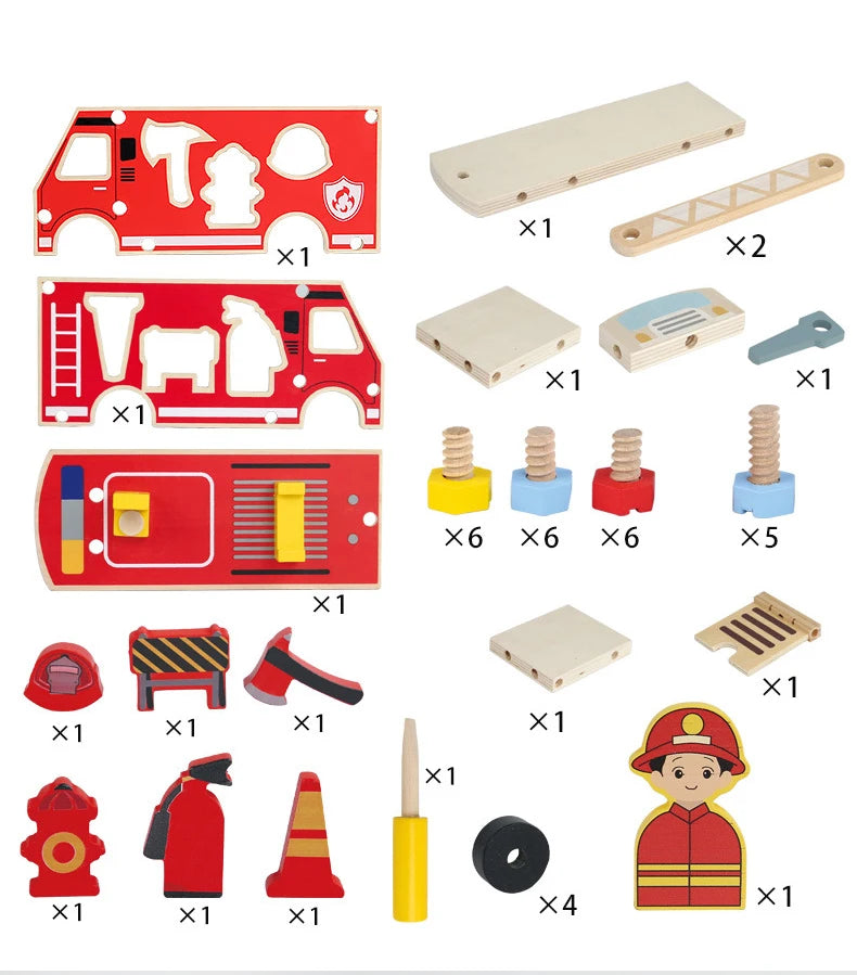 A set of wooden pretend play tools including a wrench, screwdriver, and various building pieces.
