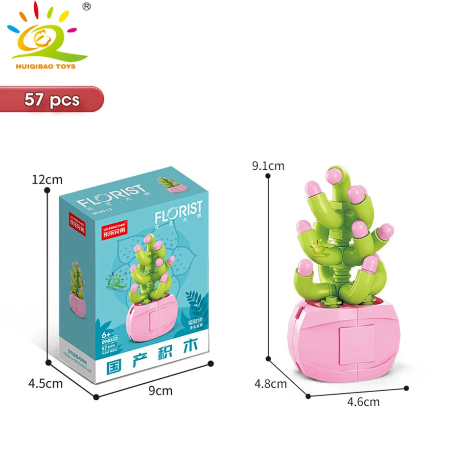 A set of 57 plastic flower succulent building blocks in various shades of green and pink for desktop plant decor.