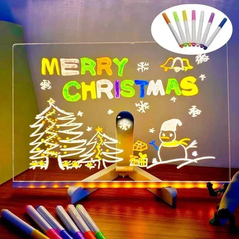 A glowing LED message board displays Merry Christmas in yellow text surrounded by sparkling lights and a Christmas tree silho