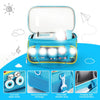 Blue Toniebox travel case with a clear window showing toys and an adjustable shoulder strap.