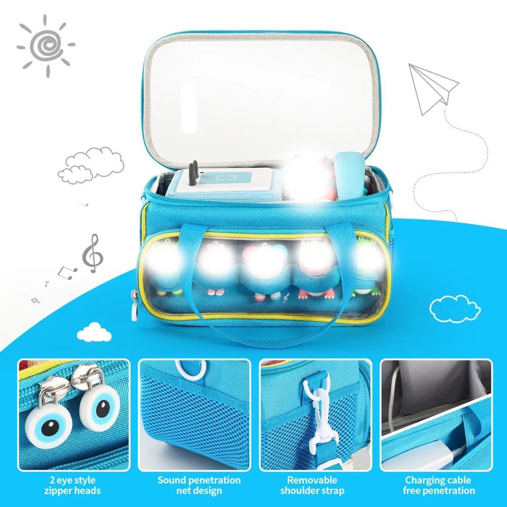 Blue Toniebox travel case with a clear window showing toys and an adjustable shoulder strap.