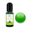 A dark green glass bottle of Resin Pigment with a black cap next to a bright green circular bead.