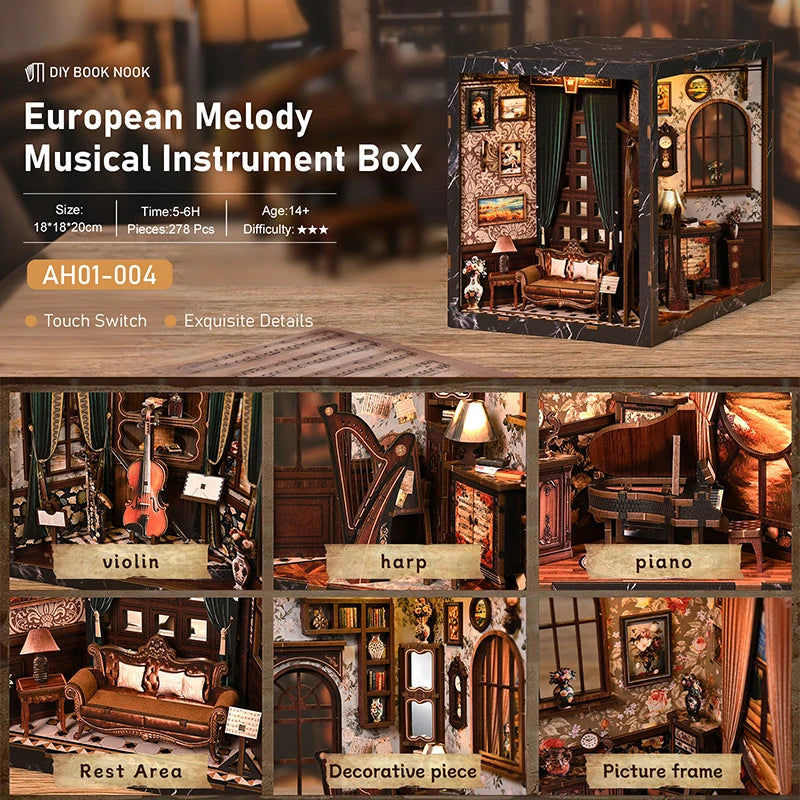 A DIY book nook kit featuring a European melody musical instrument box with detailed miniature furniture and lighting.
