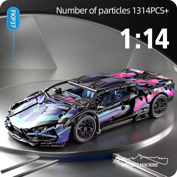 A detailed model of a futuristic purple and black supercar built from 1314 pieces.