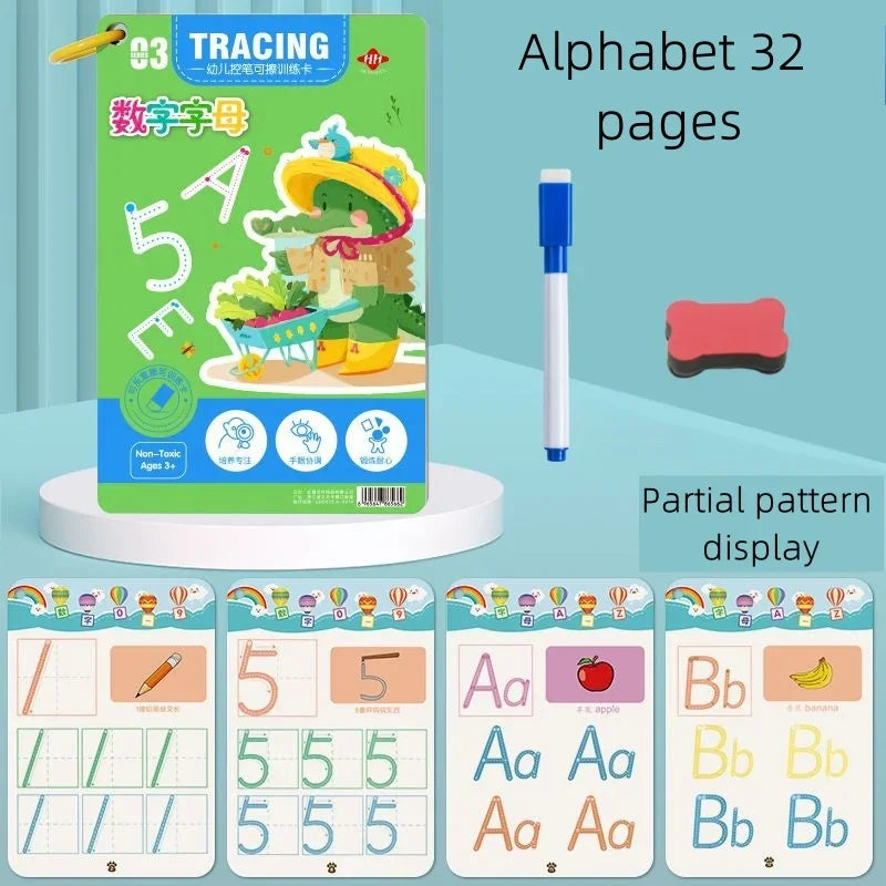 A set of tracing pages for an Alphabet 32 page workbook featuring letters and numbers for kids
