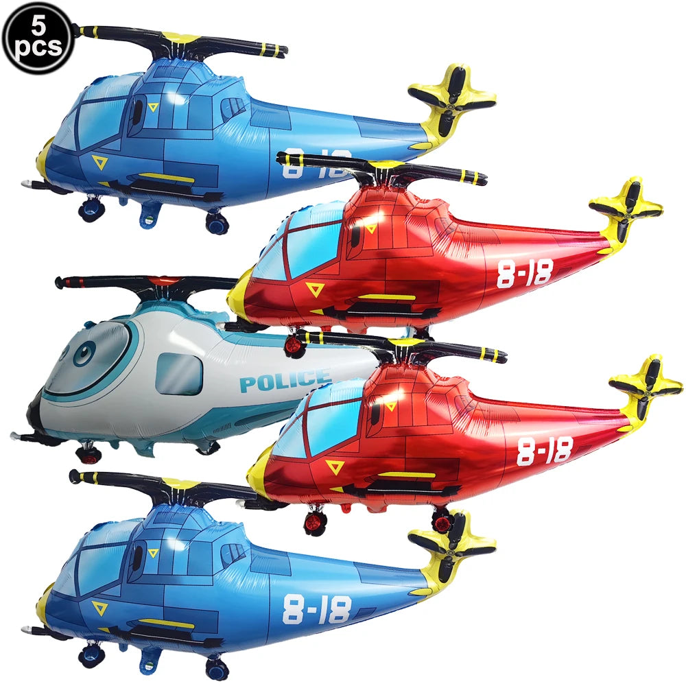 Five foil balloon model planes in blue and red colors for birthday party decor