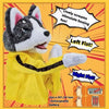 A yellow husky puppet wearing a yellow jacket is shown with speech bubbles indicating boxing moves like Left Fist and Right F