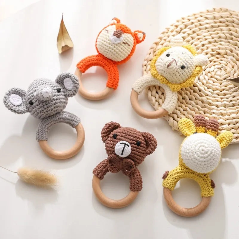Crochet Bunny Rattle & Teether Toy with Wooden Ring