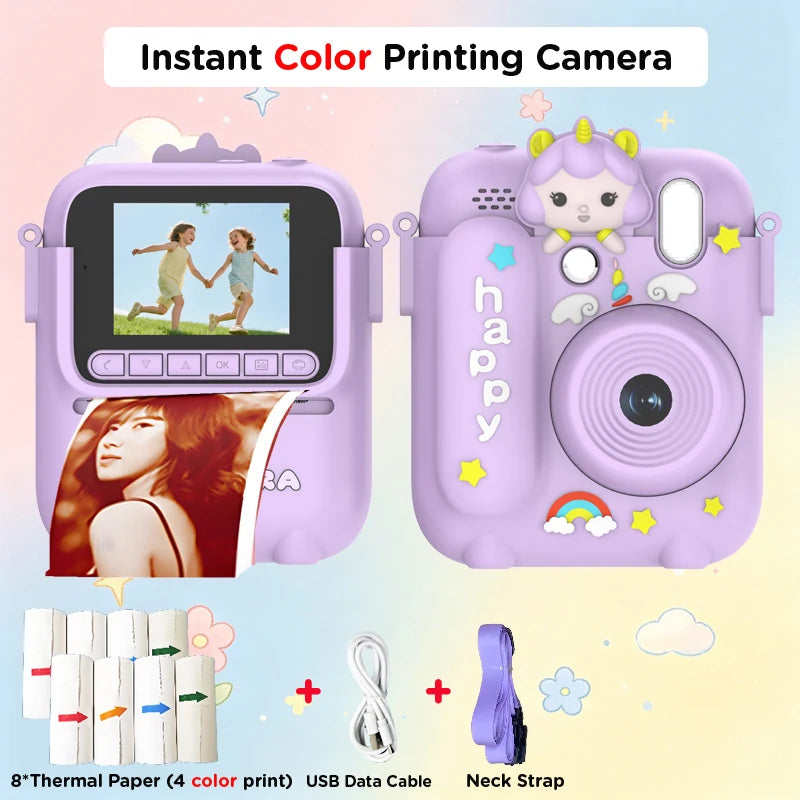 A pink instant color printing camera with a built-in screen and a lens, along with thermal paper and a USB data cable.