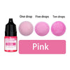 A set of liquid pink candle wax pigment drops shown in a bottle and various quantities for coloring crafts.