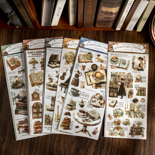 A collection of vintage-style bookstore themed transfer printing stickers for journaling
