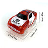A red glowing LED race track car toy set with police markings and dimensions shown.