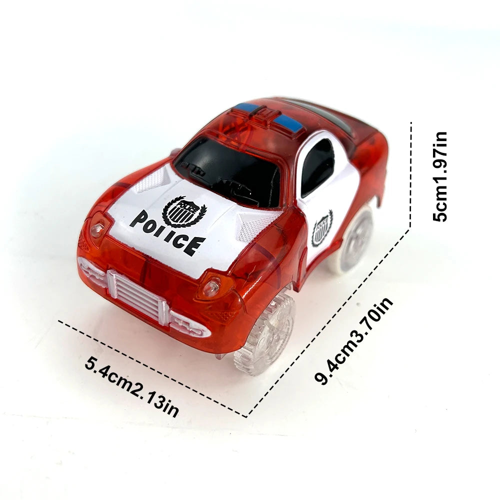 A red glowing LED race track car toy set with police markings and dimensions shown.