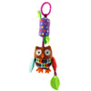 A colorful plush hanging toy shaped like a bird with a purple body and green leaves.