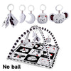 A black and white baby play mat with a fitness frame and various hanging toys including animal shapes.