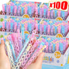 A box of colorful bubble wands with a 5-hole design for parties and gifts is shown being held by a hand.