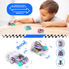 A child is playing with a purple and green mini pull-back race car toy on a wooden table.
