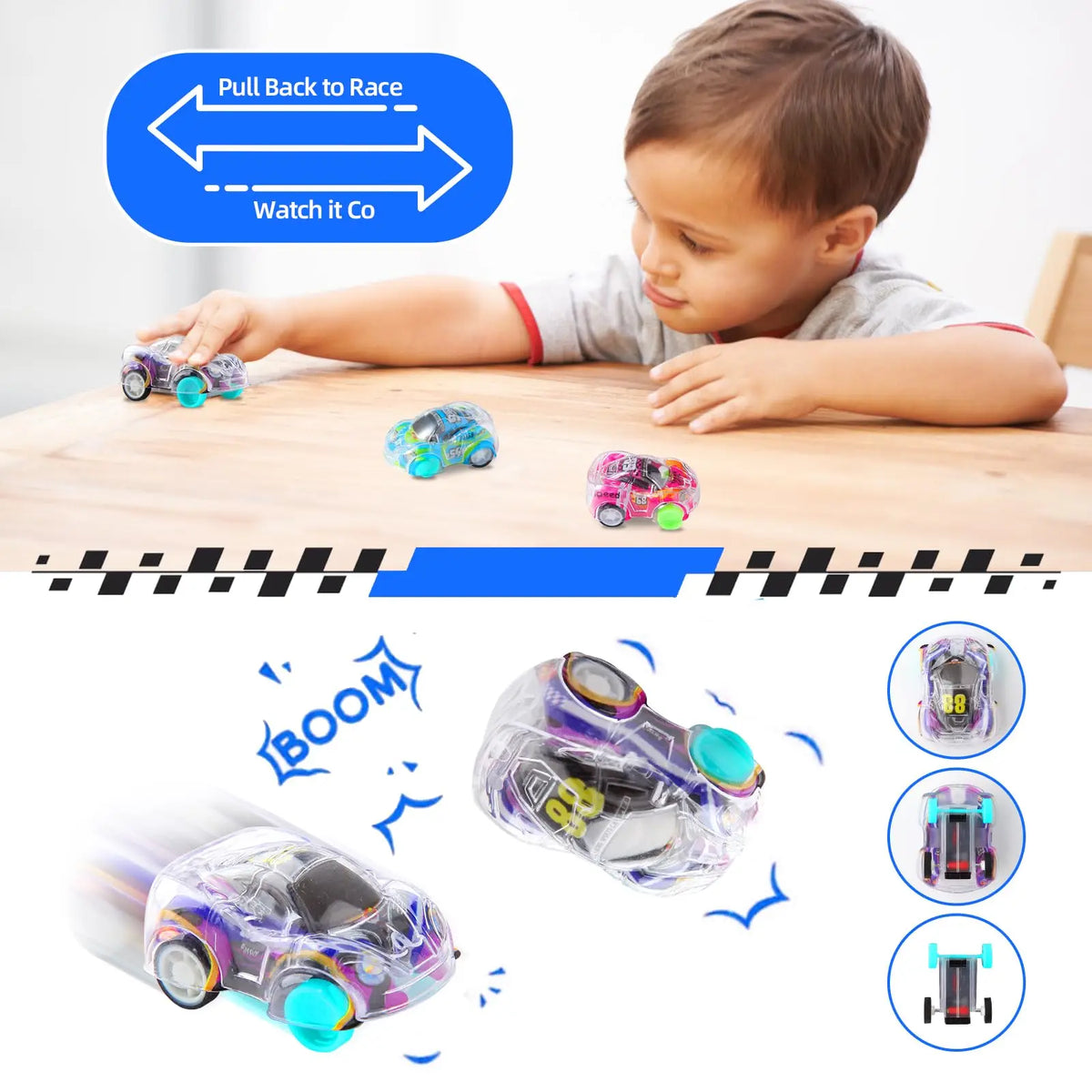 A child is playing with a purple and green mini pull-back race car toy on a wooden table.