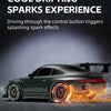 A dark green RC drift car is driving, producing bright orange spark effects from the control button triggers.