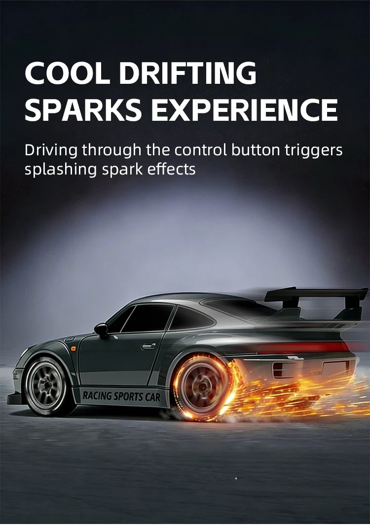 A dark green RC drift car is driving, producing bright orange spark effects from the control button triggers.