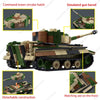 A detailed military vehicle kit featuring a command tower and simulated gun barrel built from interlocking construction block