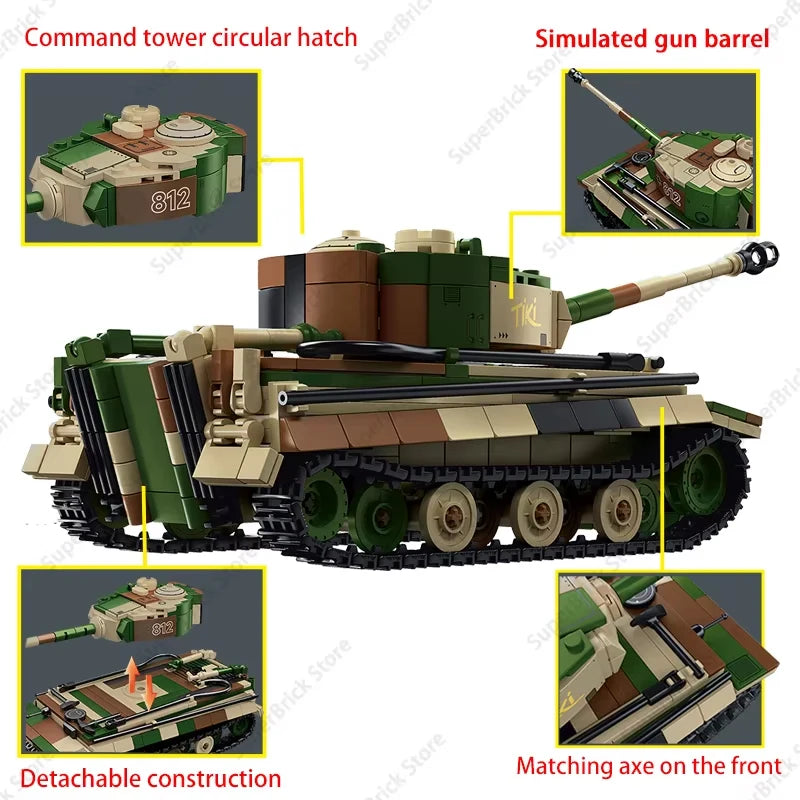 A detailed military vehicle kit featuring a command tower and simulated gun barrel built from interlocking construction block