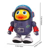 A purple interactive dancing space duck toy with lights and music.