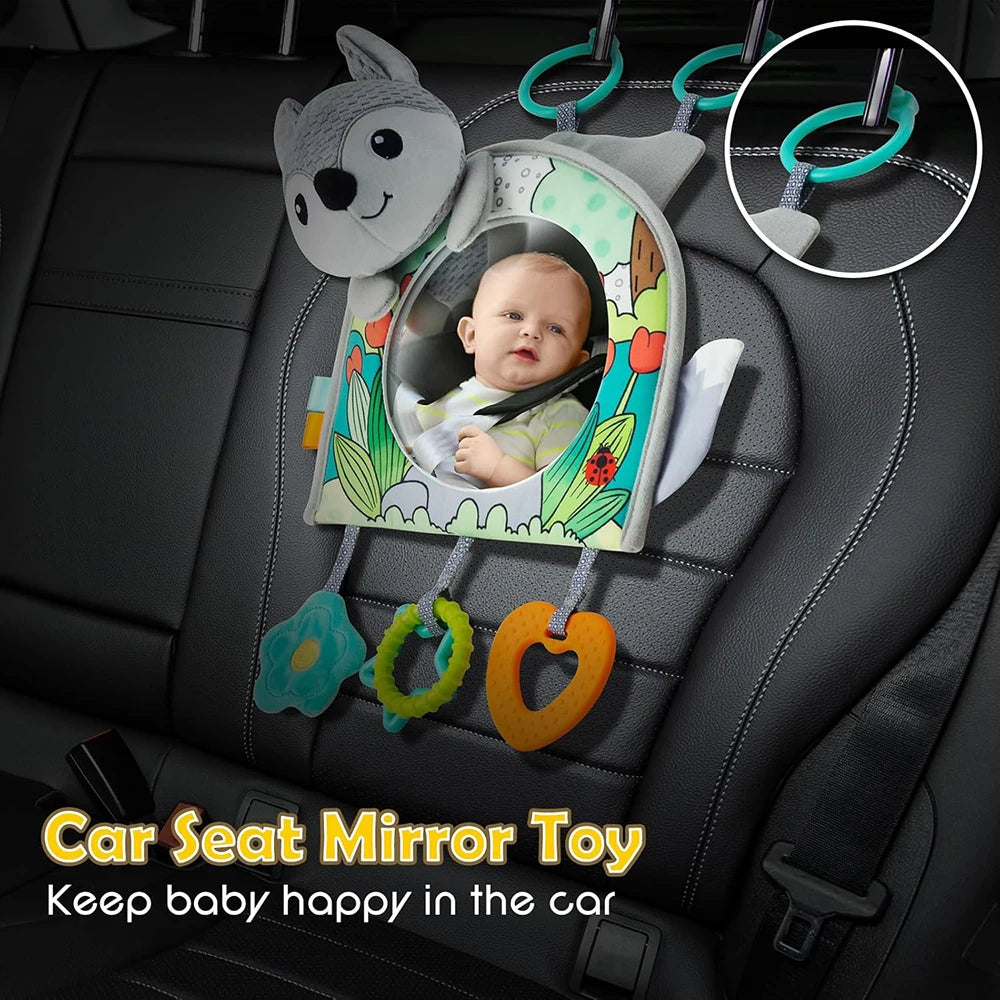 Baby Car Seat Toy with Mirror, Crinkle Paper & Teether