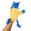 A plush toy of a blue cat wearing a yellow shirt and blue sneakers.