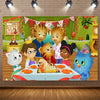 A colorful cartoon tiger party backdrop featuring various cute animal characters celebrating a birthday.