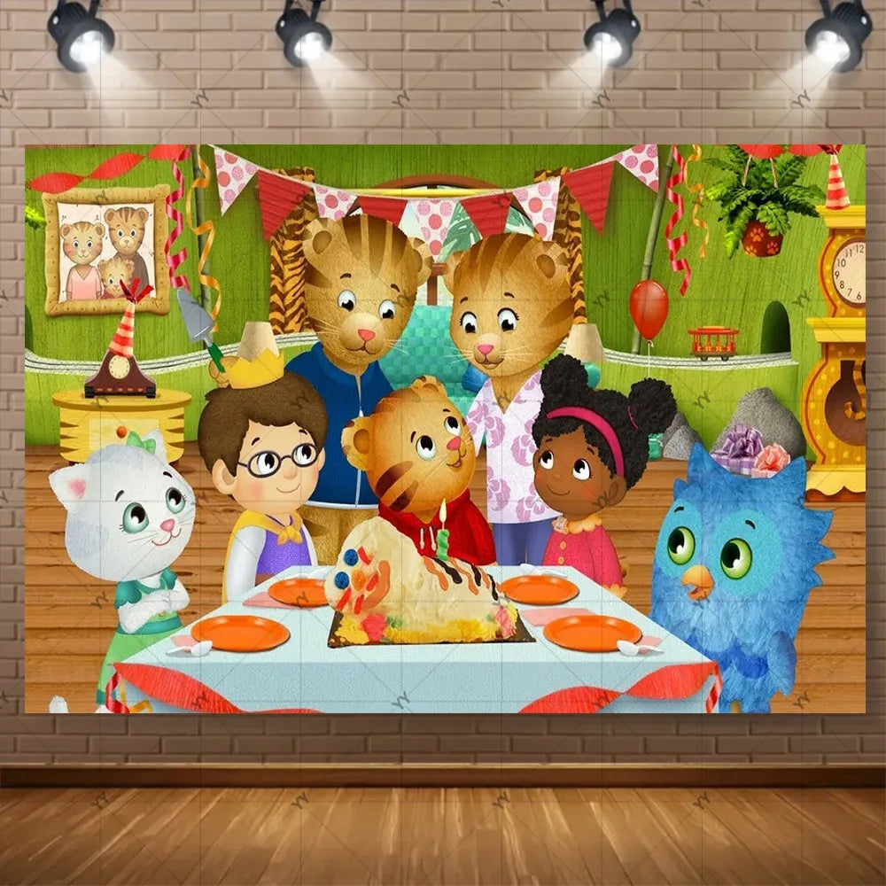 A colorful cartoon tiger party backdrop featuring various cute animal characters celebrating a birthday.