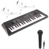 A black 37-key portable electric keyboard piano with a microphone, shown from above.
