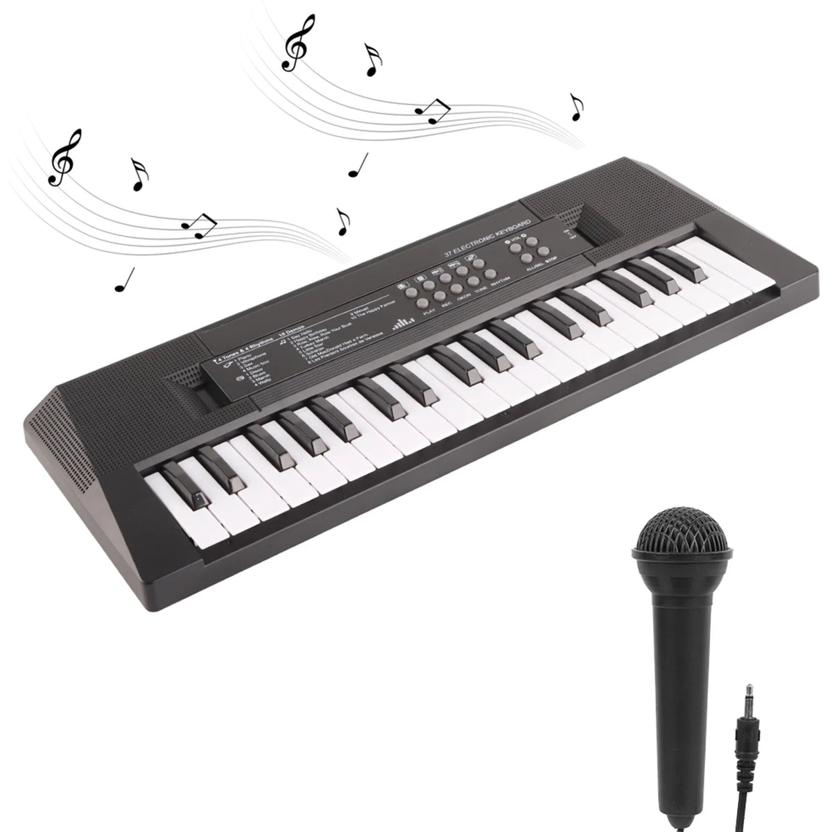 A black 37-key portable electric keyboard piano with a microphone, shown from above.