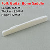 A white folk guitar bone saddle with dimensions 76mm length, 3.0mm thickness, and 12mm height.