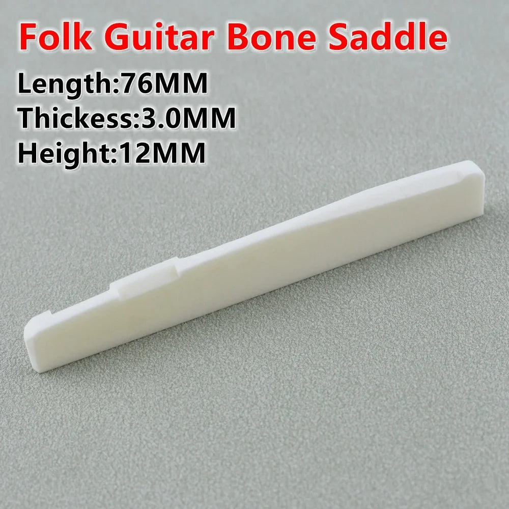 A white folk guitar bone saddle with dimensions 76mm length, 3.0mm thickness, and 12mm height.