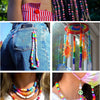 A collection of colorful pony beads, letter beads, and elastic cords displayed on a white background.