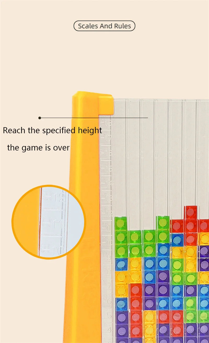 A close-up view of colorful 3D puzzle building blocks being stacked and measured against a yellow guide.