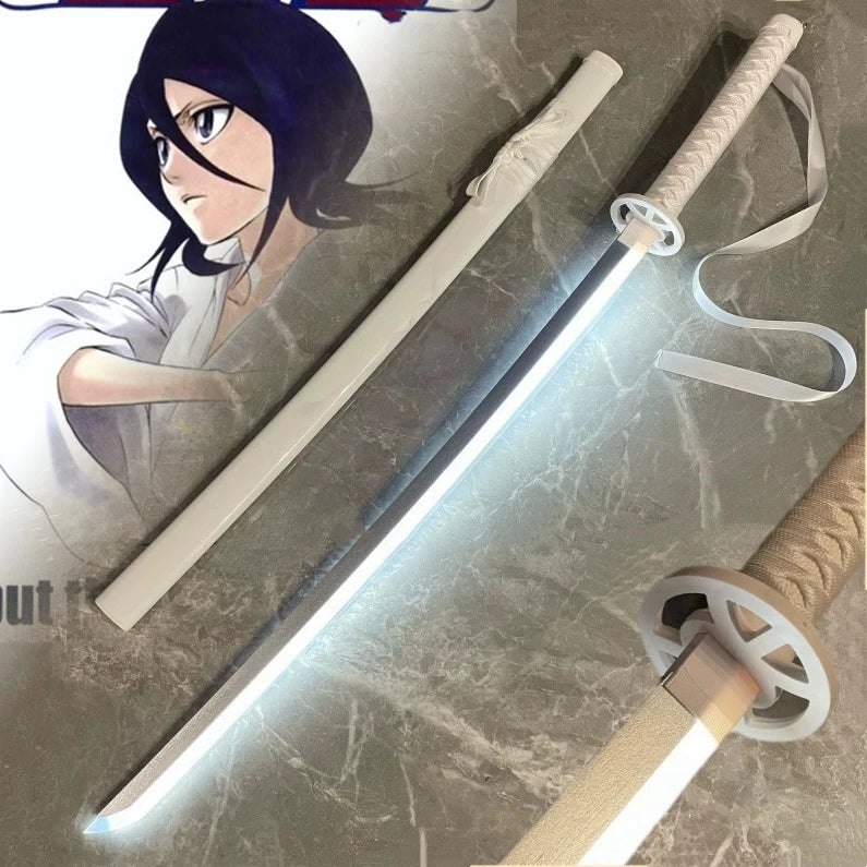 A luminous anime katana with an LED blade is displayed next to a character illustration.