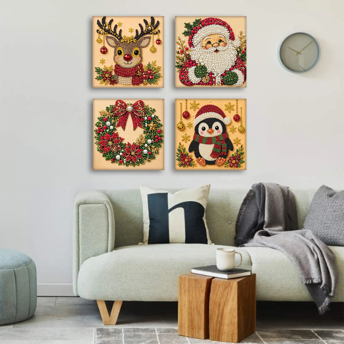 Three framed diamond painting artworks featuring reindeer, Santa, and a Christmas wreath.