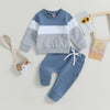 Toddler boys color block sweatshirt and pants set in blue and gray tones