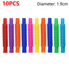 Ten colorful, cylindrical telescopic tubes with a 1.9cm diameter in various colors.