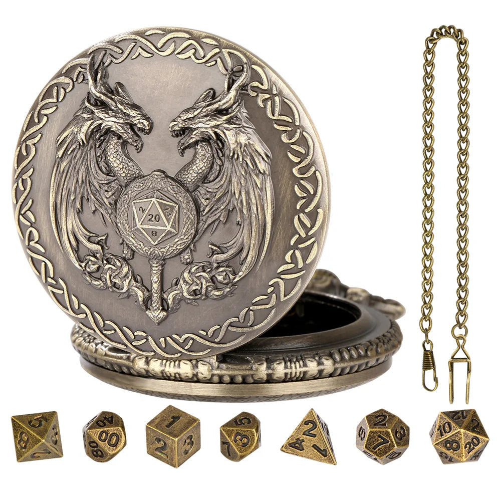 A silver Steampunk dragon pocket watch dice case with a lid and seven small gold dice.