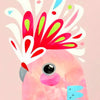A vibrant painting of a pink bird with white and colorful feather accents on a light pink background.