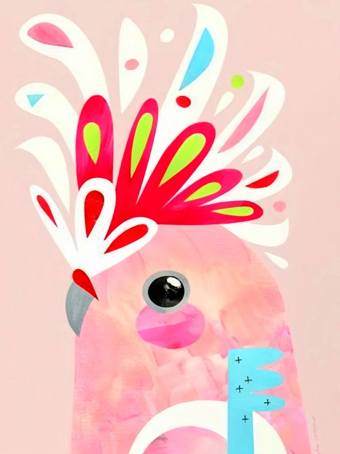 A vibrant painting of a pink bird with white and colorful feather accents on a light pink background.