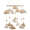 Handmade felt baby mobile featuring clouds and a crescent moon design hanging from a wooden rod
