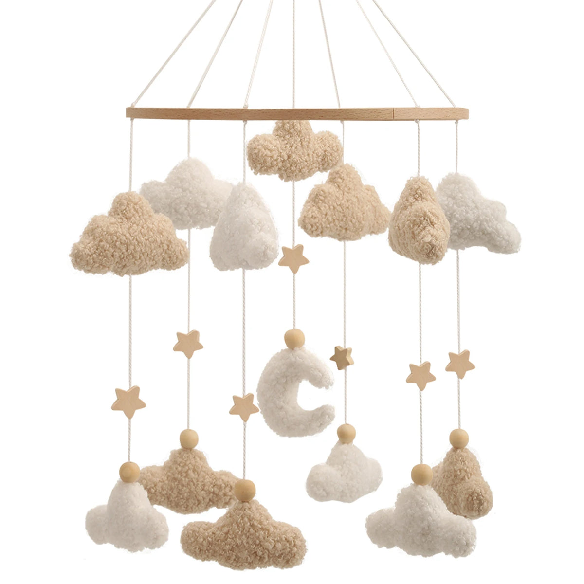 Handmade felt baby mobile featuring clouds and a crescent moon design hanging from a wooden rod