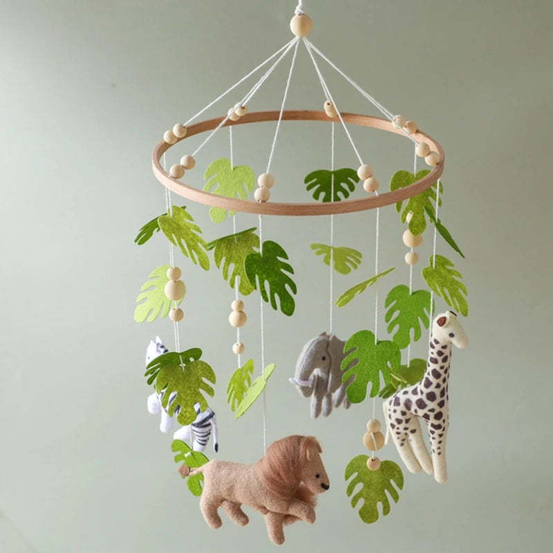 Wooden felt forest animal crib mobile featuring various animals like a giraffe and a lion