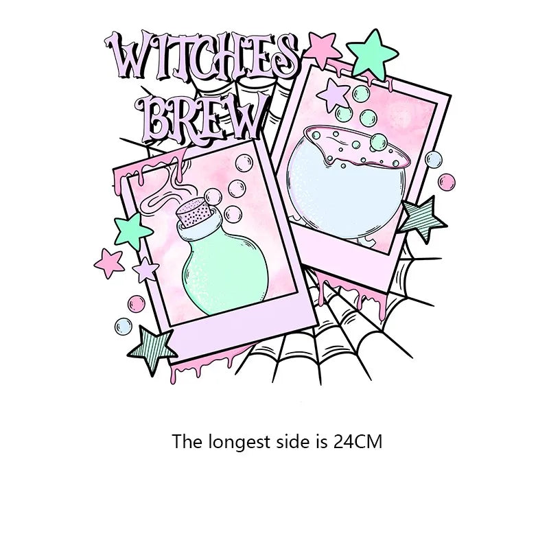 A vintage-style illustration featuring a potion bottle and stars with the text WITCHES BREW